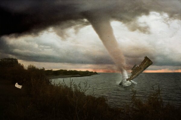 A strong hurricane tornado demolishes the ship