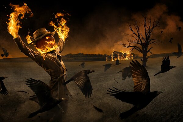 Burning Scarecrow Halloween crows fly away