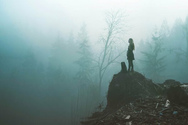 Mädchen mit Hund auf einem Hügel in einem nebligen Wald