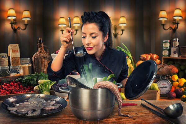 A woman cooks seafood in the kitchen