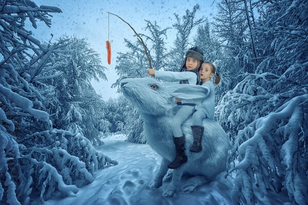 Children are digging a huge rabbit with carrots from a rope