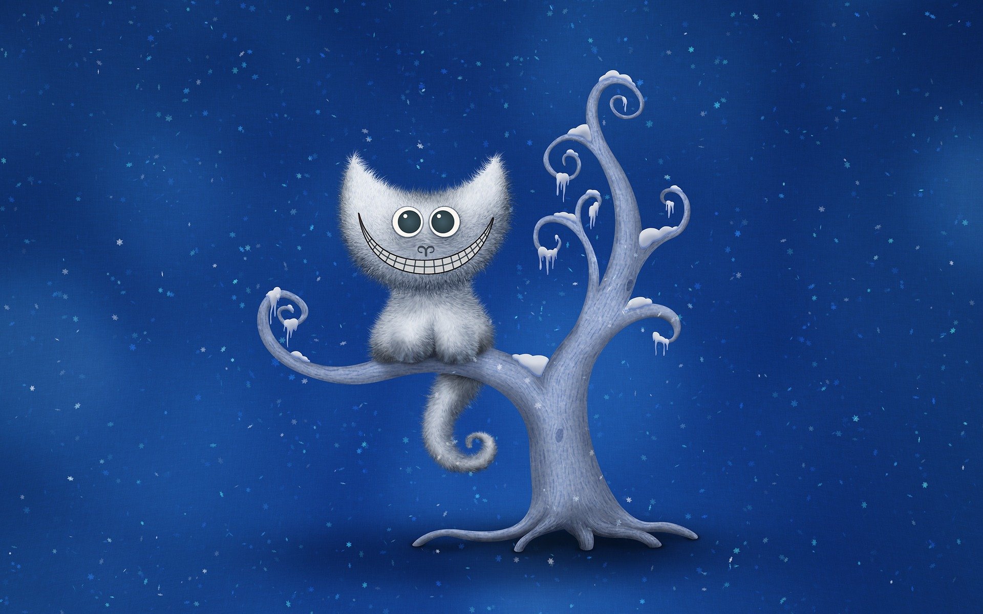 gato de cheshire sonrisa árbol invierno copos de nieve