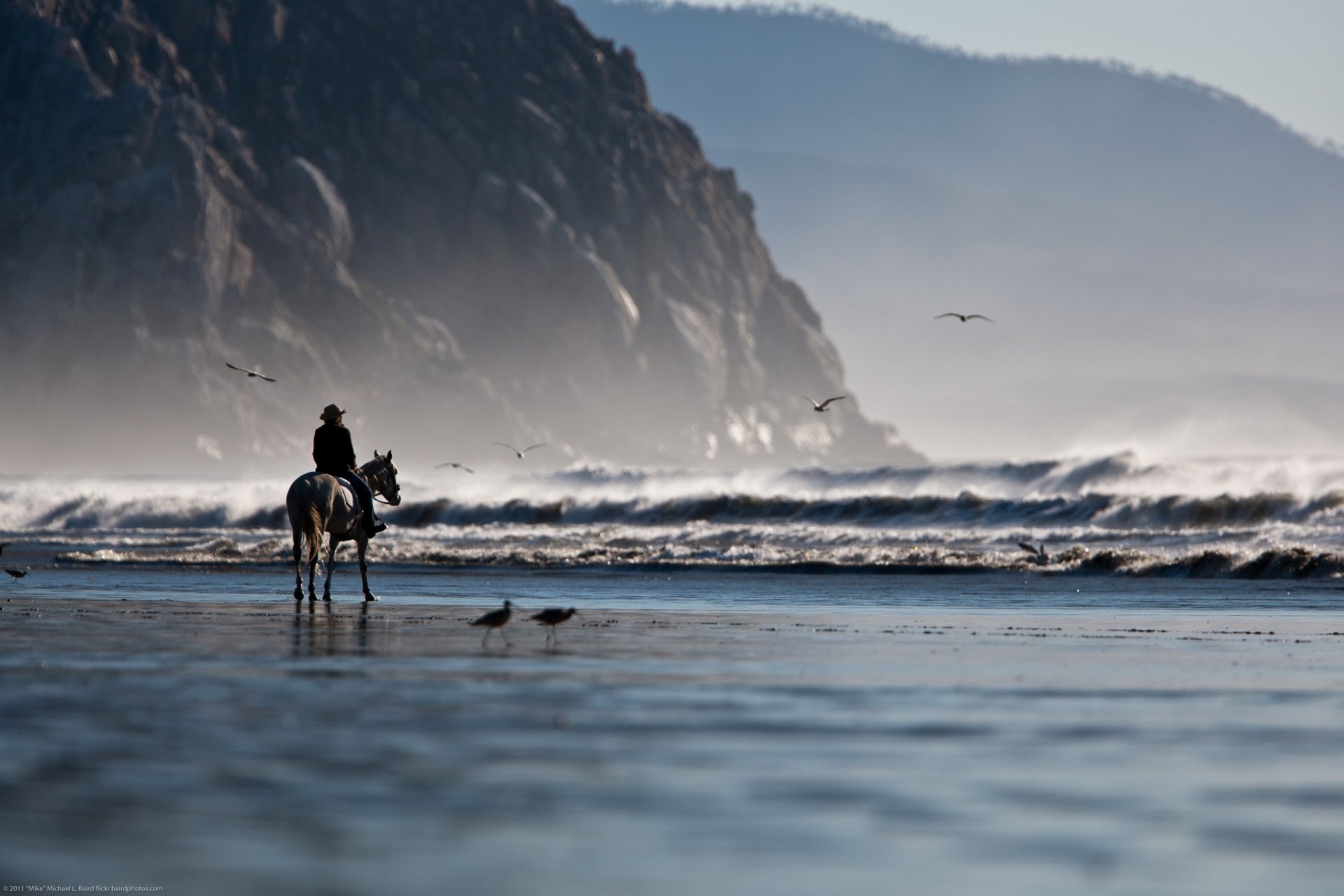 naturaleza costa costa playa arena mar olas montañas rocas gaviotas jinete hombre caballo cambio de inclinación cambio de toldo fondo fondo de pantalla