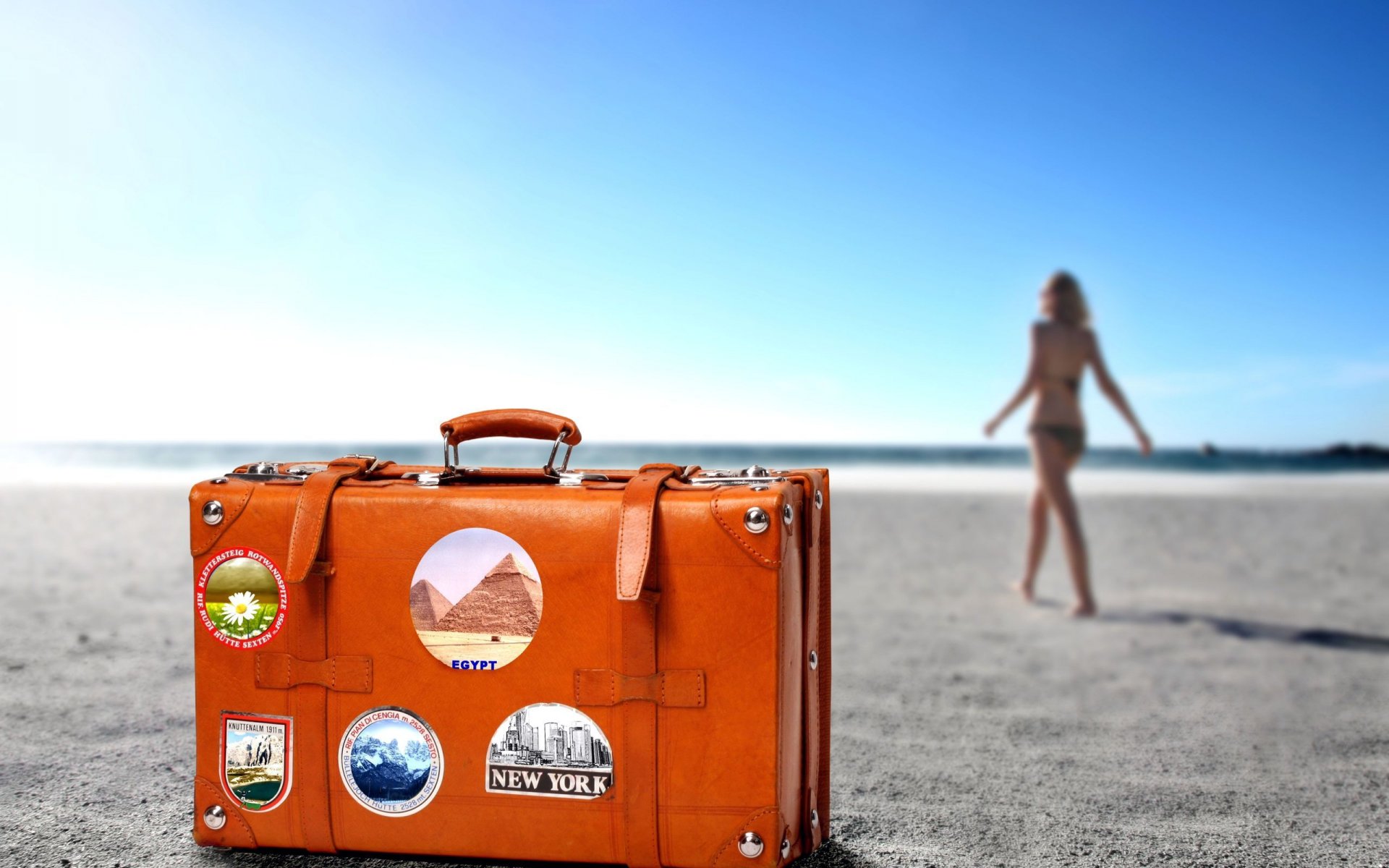 orange flowers bag travel beach sand horizon girl resort