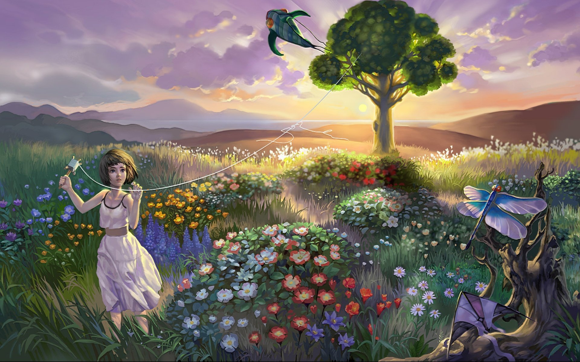 cg wallpaper lei sheng dusk girl landscape flowers tree sunset sky clouds evening girl field dragonfly kite