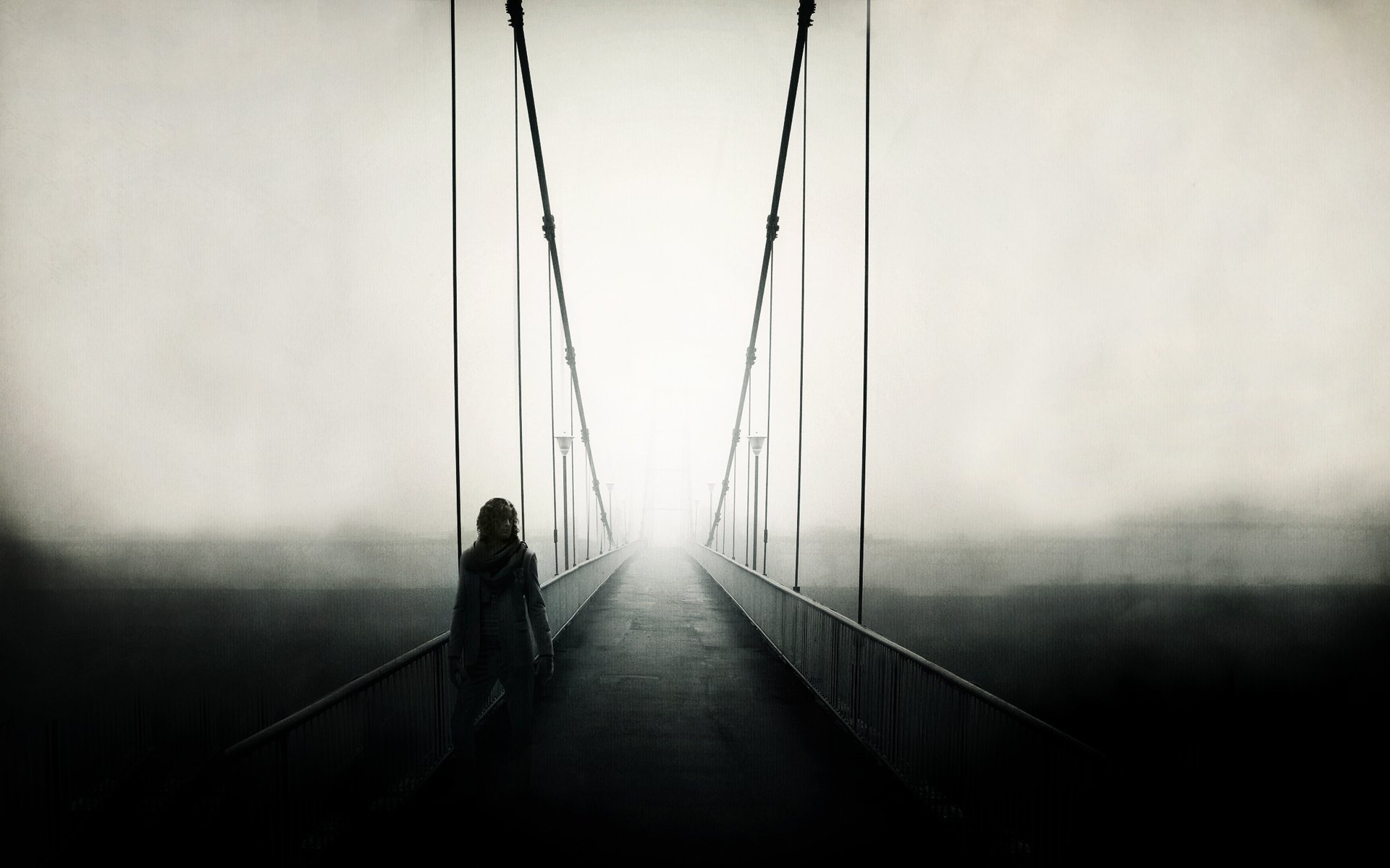 mood landscape view bridge bridge handrails fence fence path road path person people guy man fog view path way photo