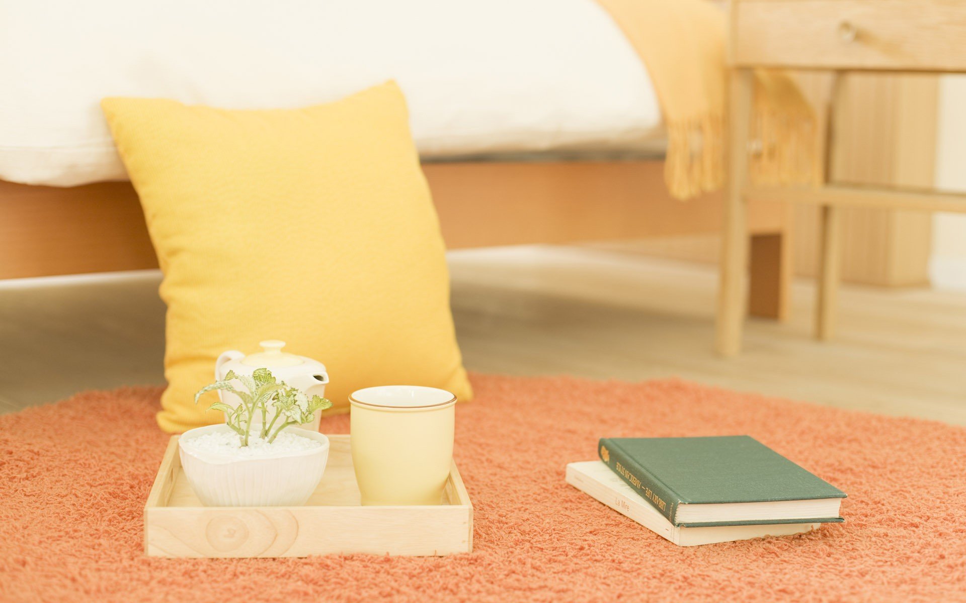 humeur matin chambre à coucher petit déjeuner tasse fleurs livre oreiller papier peint photo