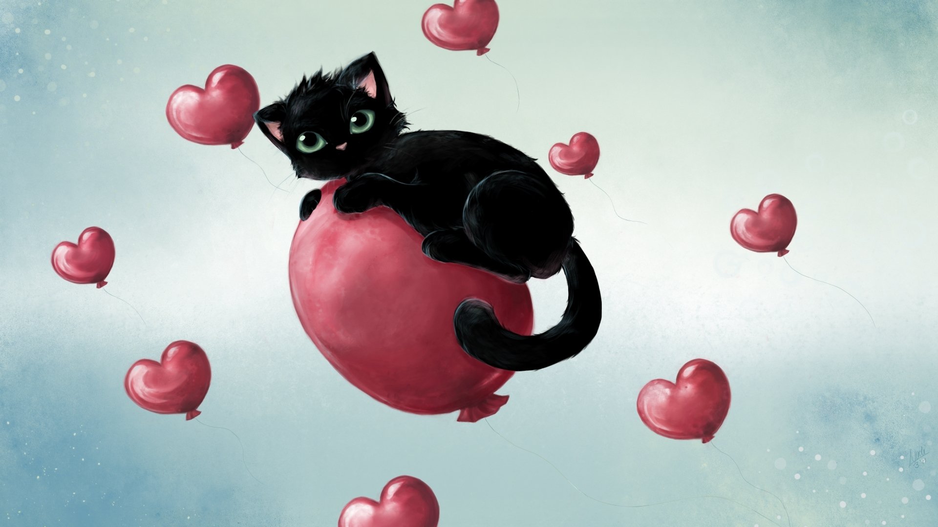 chaton noir ballons air coeurs