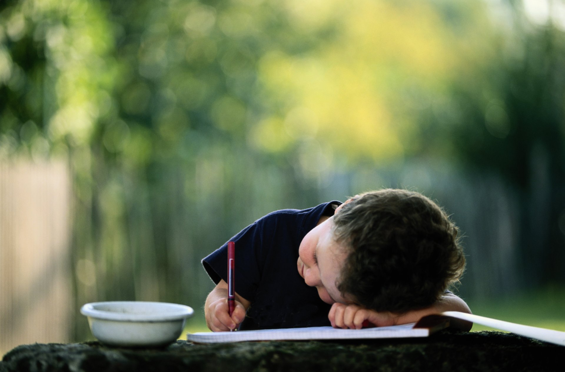 niño niño pluma lápiz escribir dibujar álbum imagen tazón taza fondo borroso