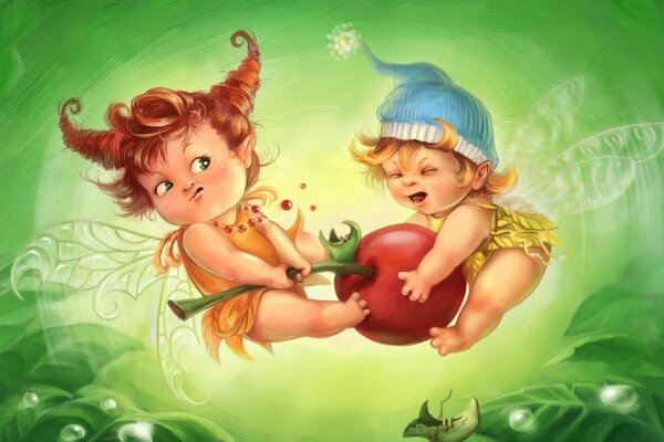 Baby elves are fighting for a cherry