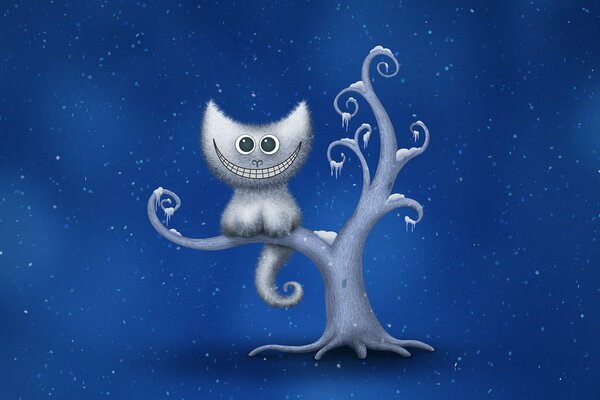 Cheshire cat on the village in winter with snowflakes