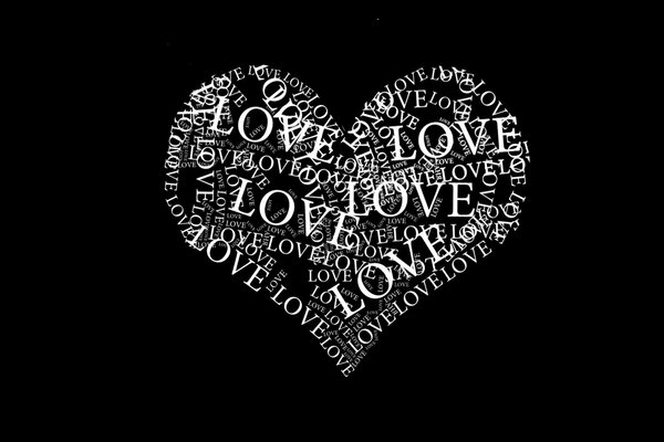 Coeur noir et blanc avec les mots amour