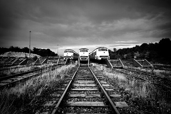 Black and white trains on the railway track