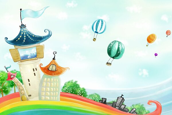 A house on the rainbow land with balloons