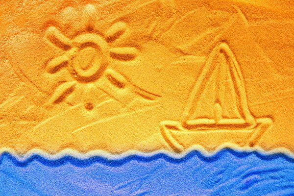 Yellow sailboat on blue waves