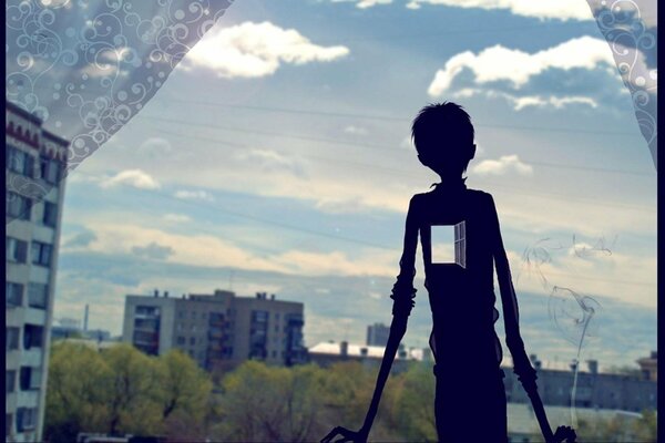 Figure sombre d un gars avec une fenêtre à la place du cœur