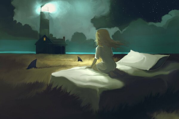 Kaszmir dziewczyny, w których marzy się, że pole jest pełne oczu, a jej dom jest latarnią morską