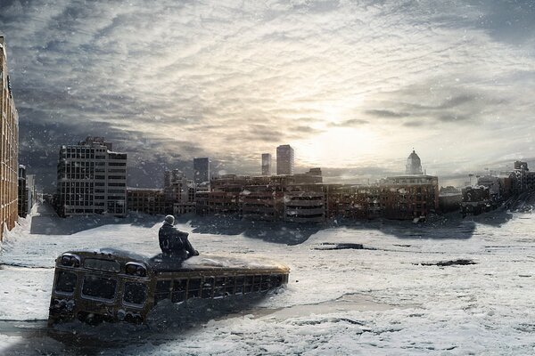 Landscape with winter snowfall and sun