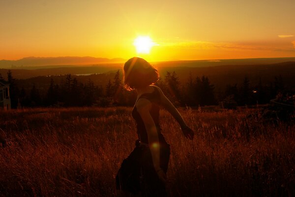 The girl in the field. Sunset in nature