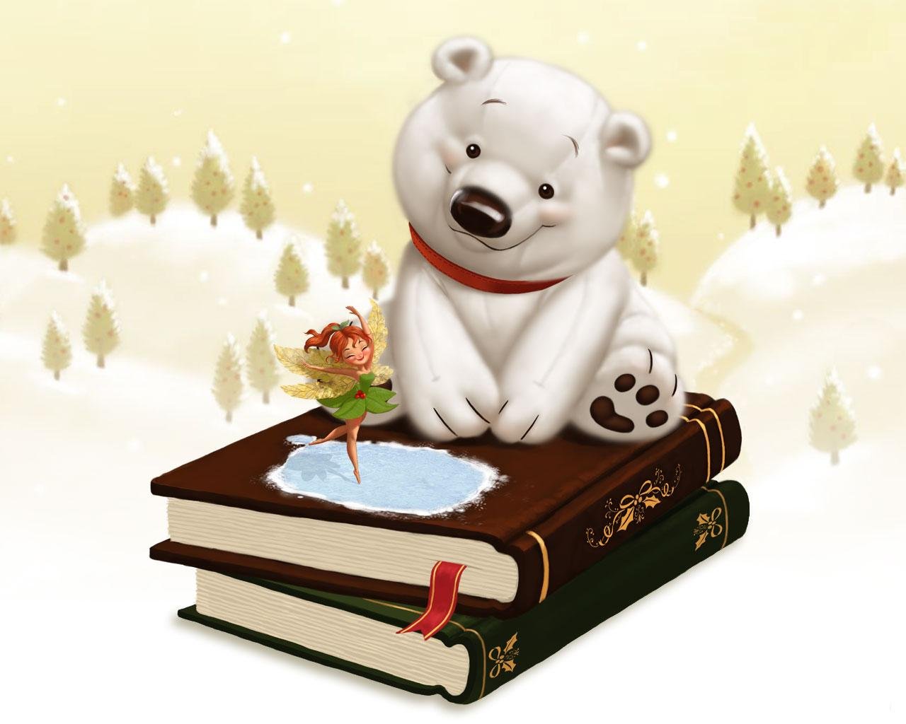 infancia cuento libros. oso de peluche blanco hada invierno nieve regalos