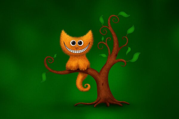 Chat de Cheshire avec un sourire sur un arbre