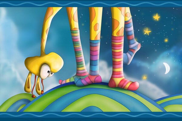 Dessin animé girafe et étoiles chaussettes et pieds