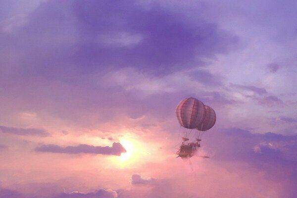 Dirigible volando en las nubes hacia el sol