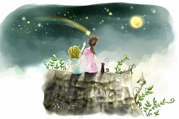 Garçon et fille regardant l étoile filante