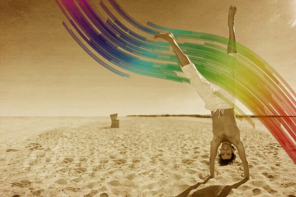 A positive man on the beach in the hot summer