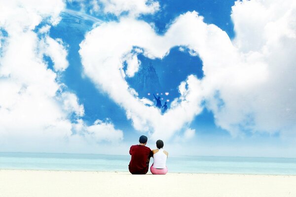 A beautiful picture of a couple and a cloud in the form of a heart