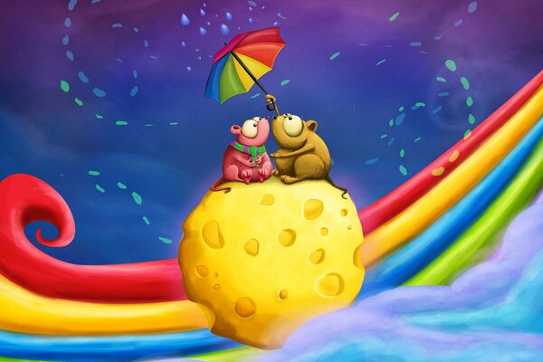 Zwei Mäuse unter einem Regenbogenschirm auf einem Käseball