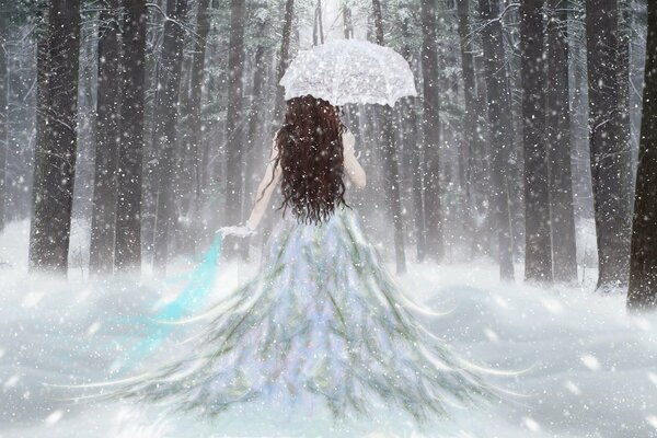 Fille en robe blanche avec parapluie dans la forêt enneigée