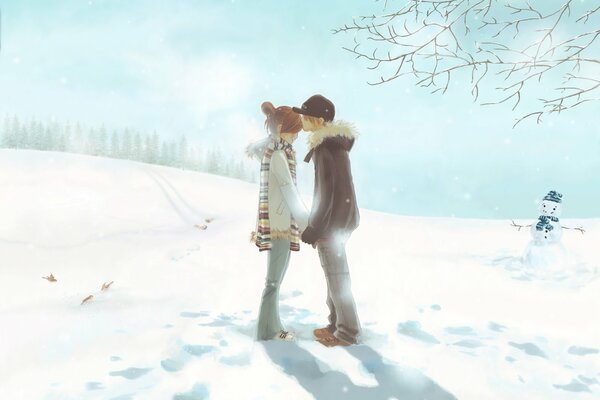 Romantic winter meeting of lovers