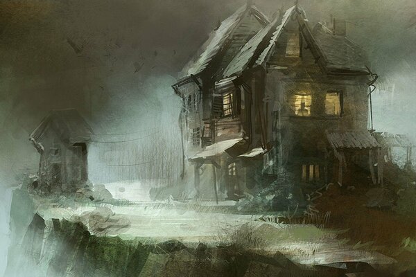 Disegno di una casa di legno fatiscente con luce nelle finestre in colori scuri