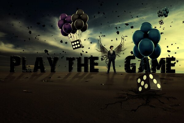 Надпись на английском: Играй в игру. Воздушные шары и кубики