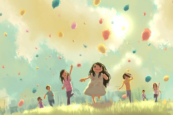 Rysunek. Dzieci puszczają kolorowe balony w niebo
