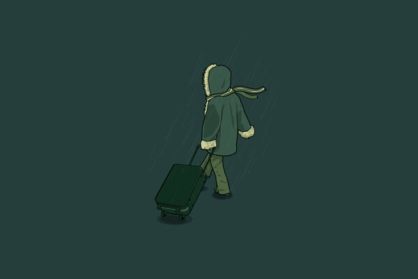 Figure. La jeune fille dans une veste à capuche part avec une valise. Fond vert. Monochrome