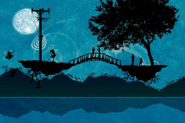 Dibujo de dos islas conectadas por un puente con personas, en el fondo de la Luna