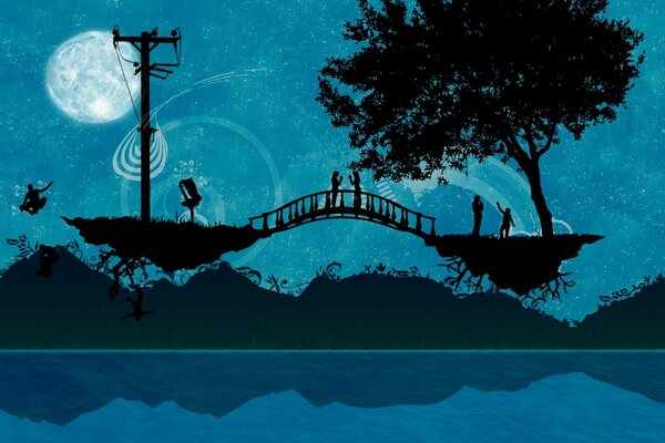 Dessin de deux îlots reliés par un pont avec des gens, sur fond de lune