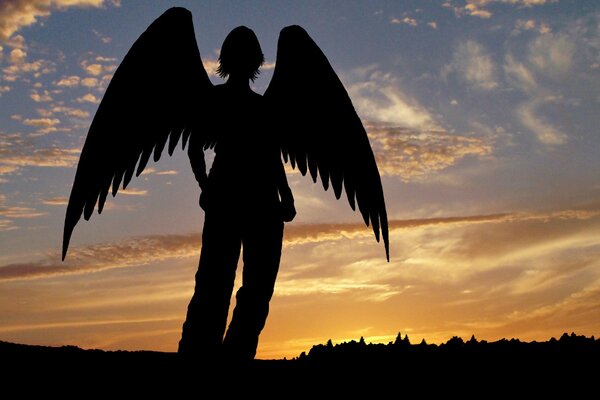 Silhouette d ange avec des ailes sur fond de coucher de soleil