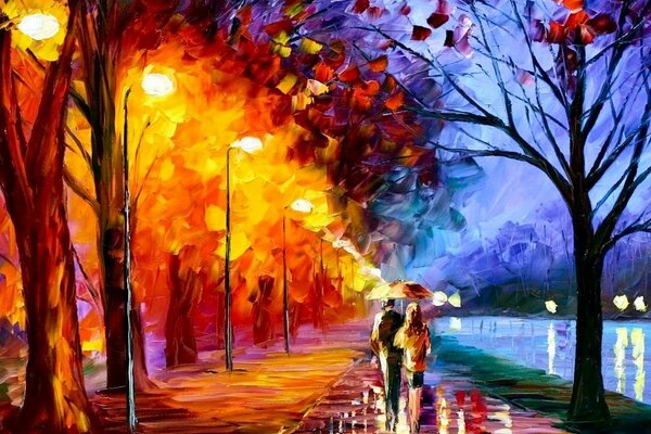 Oil painting of a walking couple under an umbrella