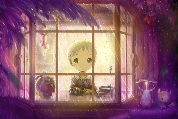 Мальчик в дождь перед окном