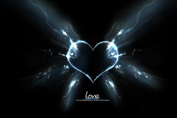 Heart on a dark background in the rays