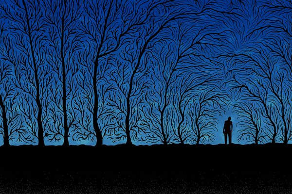 Schwarze Bäume und ein Mann auf blauem Hintergrund