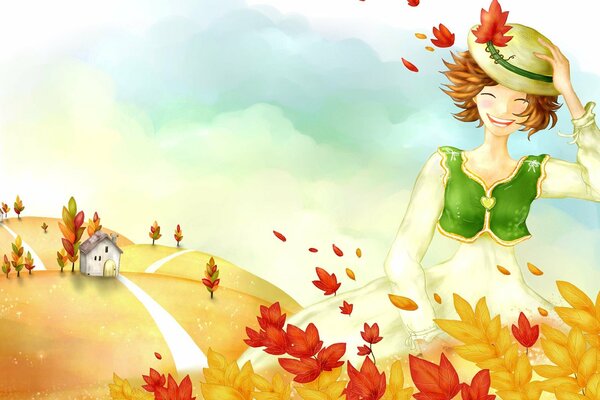 Watercolor illustration with a smiling girl in autumn