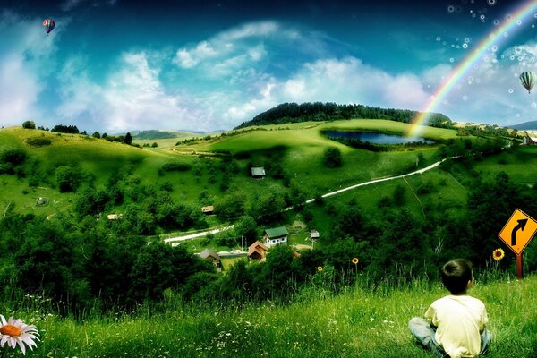 Children on a green colorful hill with a rainbow