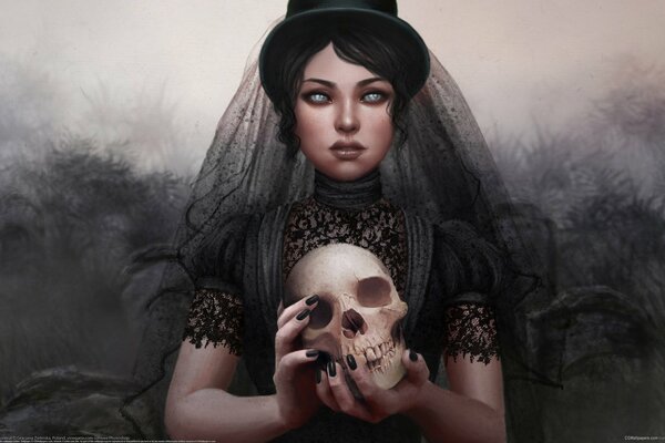 A gloomy girl with a skull in her hands