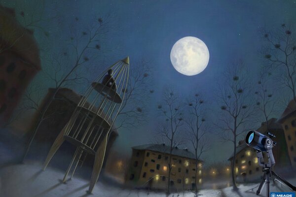 Noc na dziedzińcu ze starą zjeżdżalnią w kształcie rakiety, pełnia księżyca nad miastem