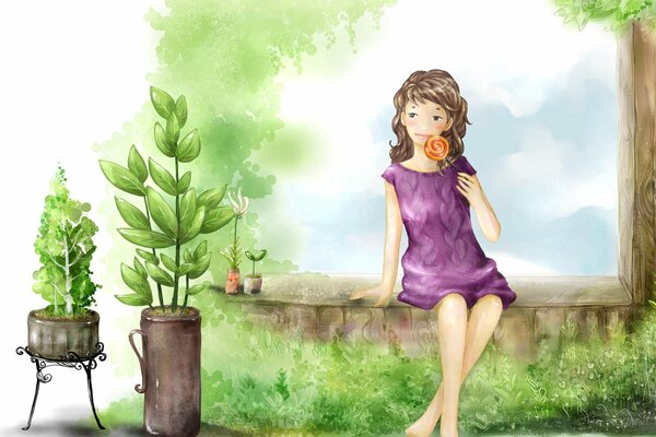 Dziewczyna w fioletowej sukience na tle natury