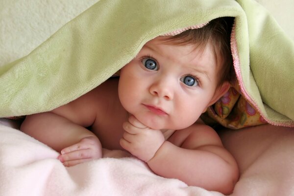 Un petit enfant jette un coup d œil sous une couverture